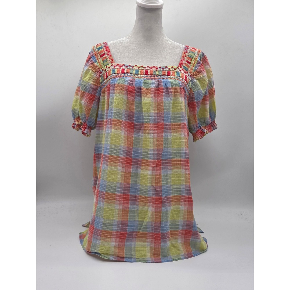 Johnny Was Workshop Women's S Multicolor Plaid Embroidered Cotton Top 101-895